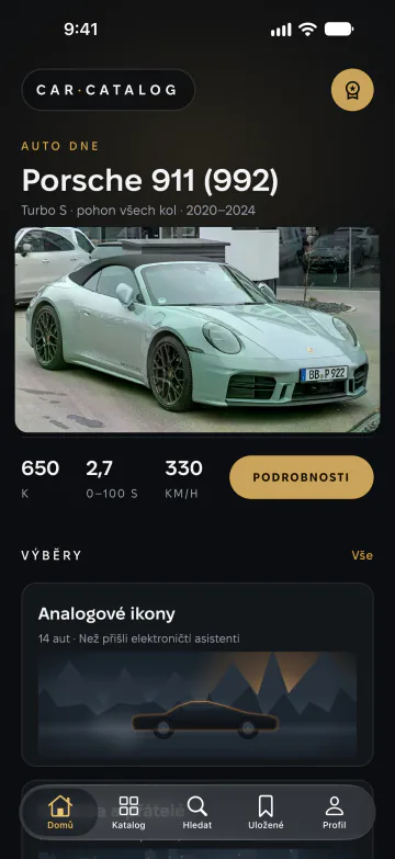 Úvodní obrazovka Car Catalog s autem dne, výběry a nejvýkonnějšími auty