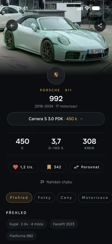 Stránka generace Porsche 911 (992) s fotkami a klíčovými údaji