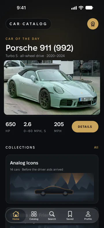Car Catalog home screen with the car of the day, collections and the most powerful cars