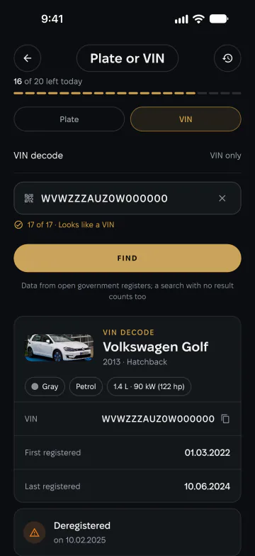 Result of a VIN check with an alert, a timeline, facts and the matching car