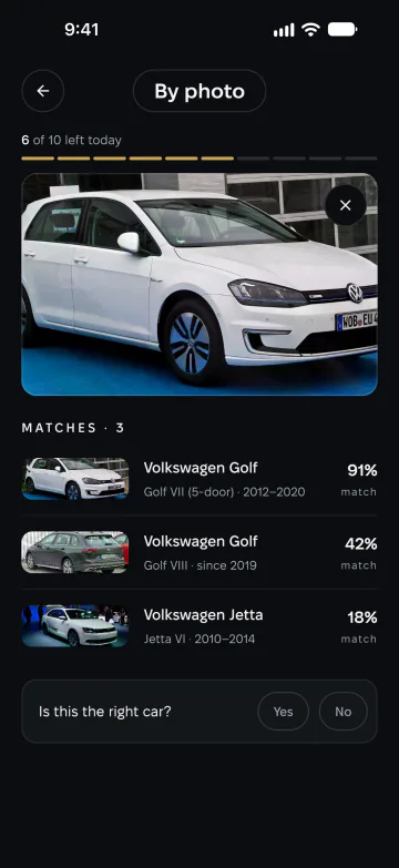 Recognition result: a Volkswagen Golf VII with its confidence and two other options