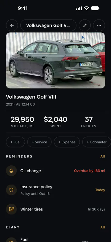 A Volkswagen Golf VIII in the garage with its mileage, reminders and diary