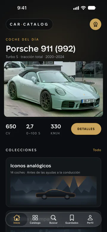 Pantalla de inicio de Car Catalog con el coche del día, colecciones y los coches más potentes