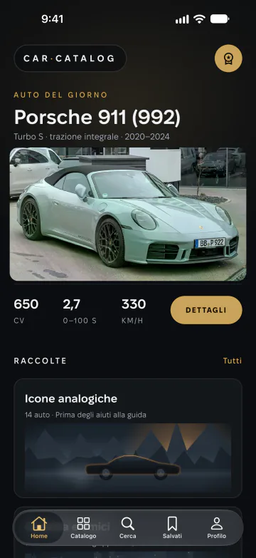 Schermata iniziale di Car Catalog con l’auto del giorno, le raccolte e le auto più potenti