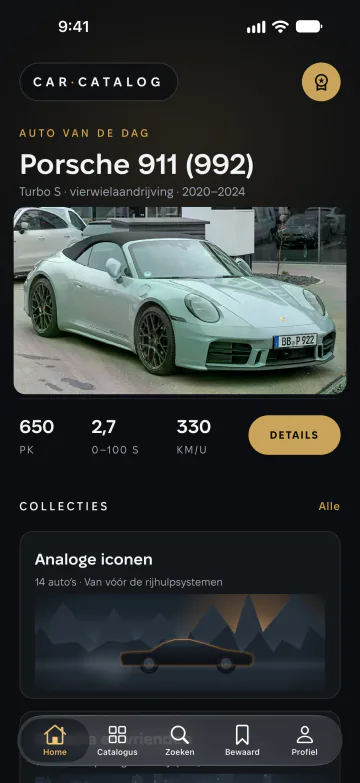 Startscherm van Car Catalog met de auto van de dag, collecties en de krachtigste auto’s