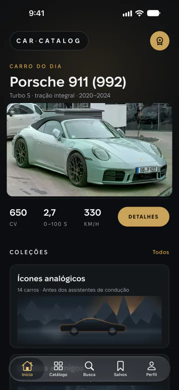 Tela inicial do Car Catalog com o carro do dia, coleções e os carros mais potentes
