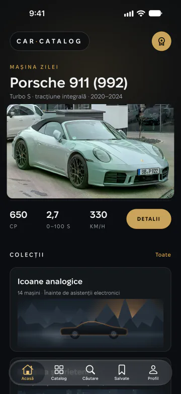 Ecranul principal Car Catalog cu mașina zilei, colecții și cele mai puternice mașini