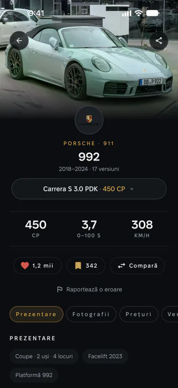 Pagina generației Porsche 911 (992) cu fotografii și cifrele principale