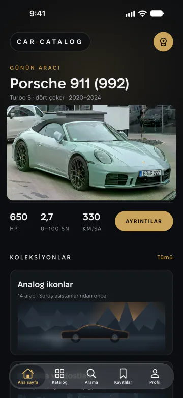Günün aracı, koleksiyonlar ve en güçlü arabalarla Car Catalog ana ekranı